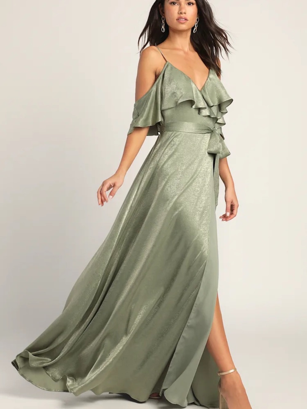 Lulu’s Sage Green Moriah Satin Wrap Maxi Dress